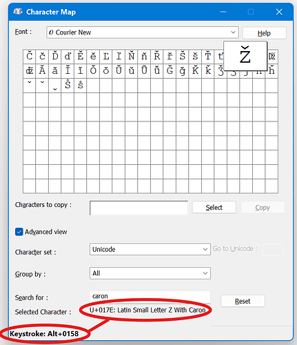z caron alt-code 0158